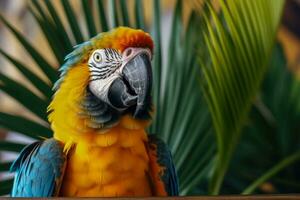 tropical loro con oropel debajo palma árbol antecedentes con vacío espacio para texto foto