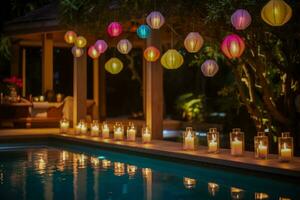 Floating lanterns lighting up a poolside New Years tropical party photo