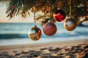 Christmas ornaments gleaming on palm trees along a serene tropical beach photo