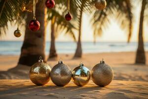 Palm trees adorned with Christmas decorations on a beach background with empty space for text photo