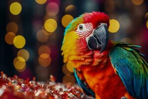 tropical loro con oropel debajo palma árbol antecedentes con vacío espacio para texto foto