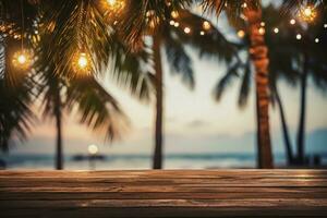 Palm trees adorned with Christmas decorations on a beach background with empty space for text photo