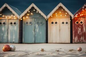 Beach huts with festive lights for New Years celebration background with empty space for text photo