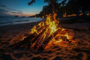 Beach bonfires ablaze counting down the New Year on a tropical shore photo