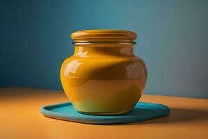 Jar of honey with solid colour background. ai generative photo