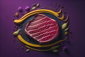 Raw beef sirloin steak with ingredients for cooking on wooden background. ai generative photo