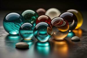 Colorful glass marbles on a the table. Selective focus. ai generative photo