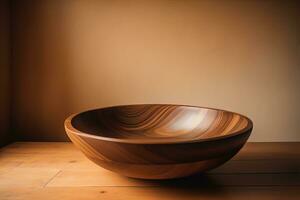 Empty wooden bowl on wooden background. Top view. Copy space. ai generative photo