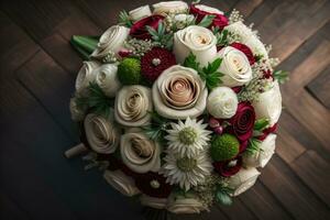 Beautiful bridal bouquet of different flowers on a dark background. ai generative photo