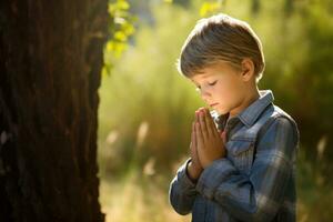 Little boy prays with folded hands. Generative AI photo