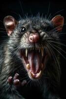 Aggressive rat on dark background. Generative AI photo