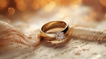 wedding rings on romantic background photo