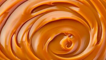 Delicious melted caramel texture. Flow, wave and drops splash caramels sauce. Sweet food design background. Generative AI photo