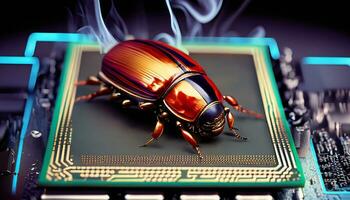 Beetle attacks and destroys electronics. Concept of computer virus and malicious software code. Generative AI photo