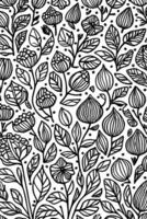 Abstract Black And White Monochromatic Hand Drawn Flowers Texture Pattern Doodle Vector Illustration