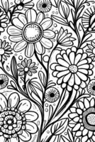 Abstract Black And White Monochromatic Hand Drawn Flowers Texture Pattern Doodle Vector Illustration