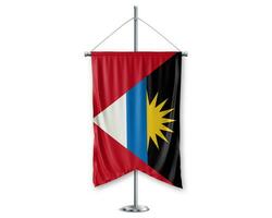 Antigua up pennants 3D flags on pole stand support pedestal realistic set and white background. - Image photo