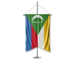 Comoros up pennants 3D flags on pole stand support pedestal realistic set and white background. - Image photo