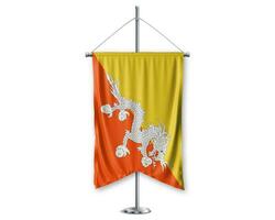 Bhutan up pennants 3D flags on pole stand support pedestal realistic set and white background. - Image photo