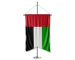 unido árabe emiratos arriba banderines 3d banderas en polo estar apoyo pedestal realista conjunto y blanco antecedentes. - imagen foto