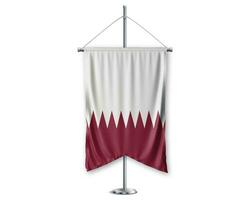 Katar arriba banderines 3d banderas en polo estar apoyo pedestal realista conjunto y blanco antecedentes. - imagen foto