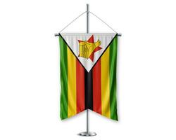 Zimbabwe up pennants 3D flags on pole stand support pedestal realistic set and white background. - Image photo