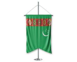 Turkmenistán arriba banderines 3d banderas en polo estar apoyo pedestal realista conjunto y blanco antecedentes. - imagen foto
