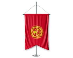 Kyrqyzstan up pennants 3D flags on pole stand support pedestal realistic set and white background. - Image photo