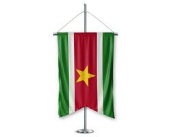 Suriname up pennants 3D flags on pole stand support pedestal realistic set and white background. - Image photo