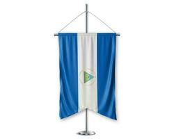 Nicaragua up pennants 3D flags on pole stand support pedestal realistic set and white background. - Image photo