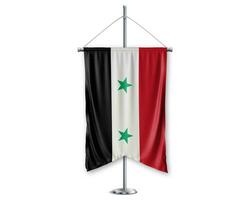 Siria arriba banderines 3d banderas en polo estar apoyo pedestal realista conjunto y blanco antecedentes. - imagen foto