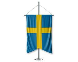 Sweden up pennants 3D flags on pole stand support pedestal realistic set and white background. - Image photo