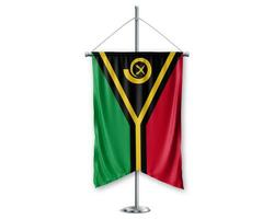 Vanuatu up pennants 3D flags on pole stand support pedestal realistic set and white background. - Image photo