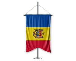 Moldova up pennants 3D flags on pole stand support pedestal realistic set and white background. - Image photo