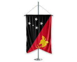 Papua New Guinea up pennants 3D flags on pole stand support pedestal realistic set and white background. - Image photo