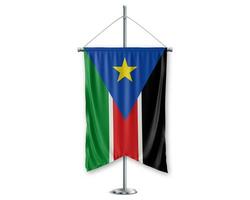 South Sudan up pennants 3D flags on pole stand support pedestal realistic set and white background. - Image photo