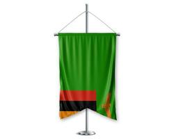 Zambia up pennants 3D flags on pole stand support pedestal realistic set and white background. - Image photo