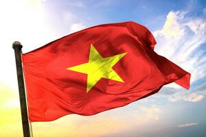 Vietnam 3D rendering flag waving isolated sky and cloud background photo