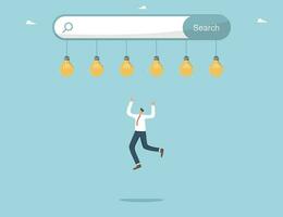 New opportunities, openness to new knowledge or science, searching for necessary information, search engine optimization, searching for ideas on Internet, man jumping for light bulbs from search bar. vector