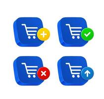 Shopping cart icon set with different pictograms. 3d vector icons set