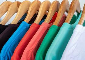 Fashion T-shirt on clothing rack - Closeup of bright colorful closet on wooden hangers in store closet. photo