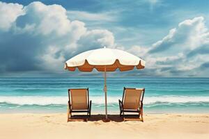 Two beach chairs and umbrella on a tropical beach. 3d rendering, Chairs And Umbrella In Tropical Beach - Seascape Banner, AI Generated photo