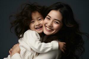 Portrait of happy asian mother and daughter hugging on dark background, cheerful asian toddler daughter hugging happy mother isolated on gray, AI Generated photo