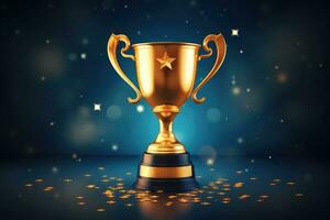 3d representación oro trofeo taza en oscuro azul antecedentes con polvo partículas, campeón dorado trofeo con oro estrellas en azul oscuro fondo, ai generado foto