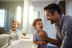 padre y hijo cepillado dientes juntos en baño a hogar, niño papá y cepillado dientes en un familia hogar baño, ai generado foto