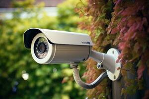 CCTV security camera on the wall and green leaves in the background, CCTV Security Camera for private home, AI Generated photo