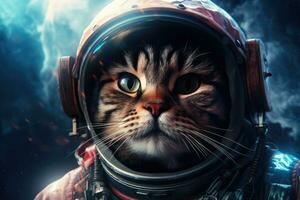 Portrait of a cat in an astronaut helmet. Cosmonaut, cat astronaut in a spacesuit on a Science fiction concept, AI Generated photo