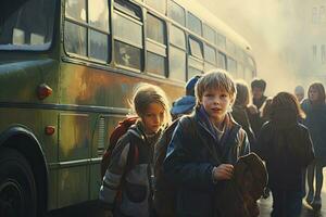 Group of schoolchildren at the bus stop, Children or schoolchildren on a blurred background of the bus, AI Generated photo