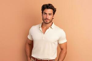 retrato de un hermoso joven hombre en un blanco camisa en un rosado fondo, caucásico hermoso hombre aislado en beige fondo, ai generado foto