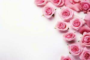Pink roses on a white background with copy space for your text, Close up of blooming pink roses flowers and petals isolated on white table background with  Empty space, AI Generated photo